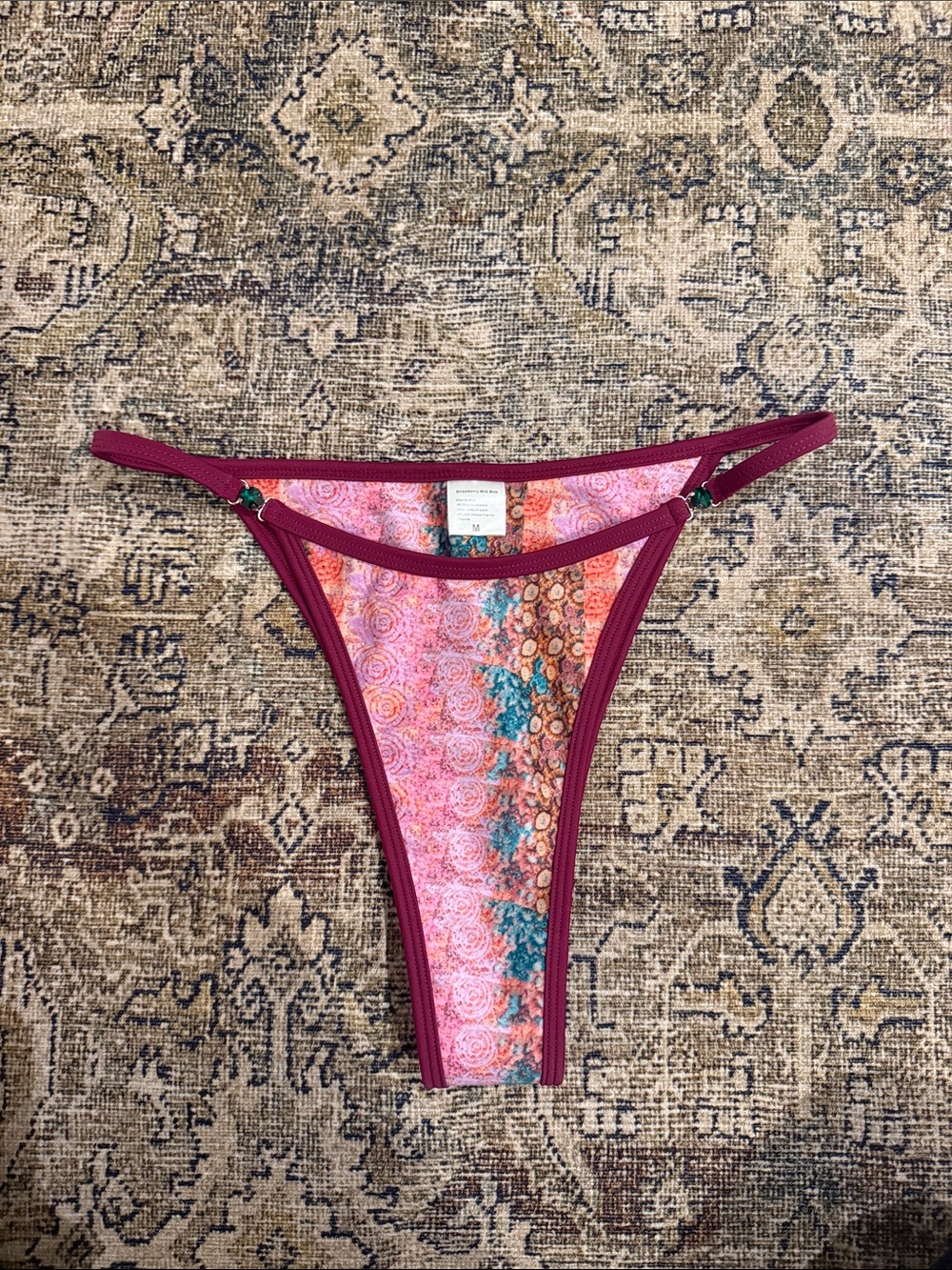 Strawberry Milk Mob Pink Teal Floral Bikini Bottom with Maroon Trim